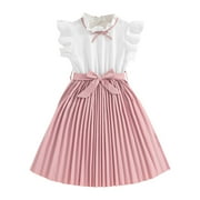 LUOGENLI Dress for Girls Girls Summer Dress with Ruffled Sleeves Color Block Pleated Design Toddler To Big Kid Dress Girls Easter Dresses Size 10-12 Fancy 11-12 Years